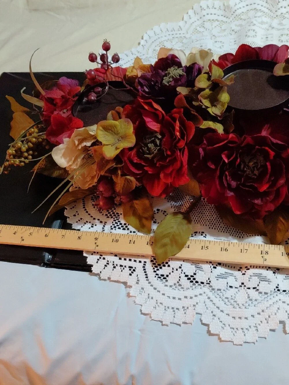 Home Interiors Burgundy, Cream & Gold Faux Floral Candle Centerpiece